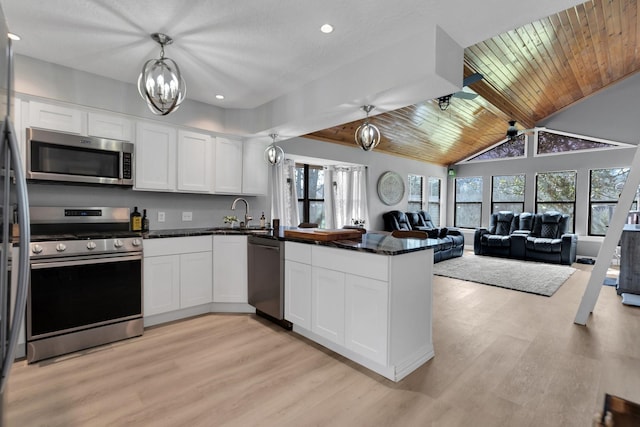 kitchen featuring appliances with stainless steel finishes, open floor plan, white cabinetry, and a peninsula