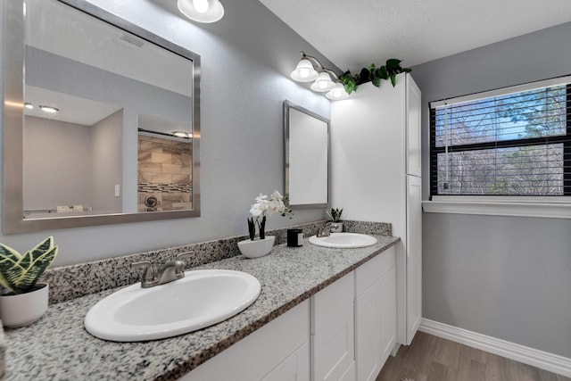 full bath featuring double vanity, baseboards, a sink, and wood finished floors