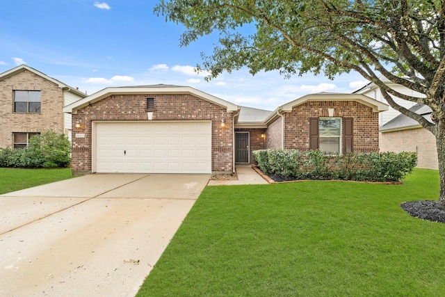 ranch-style house with a garage, concrete driveway, brick siding, and a front lawn