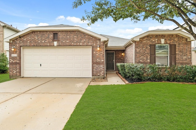 ranch-style house featuring a garage, a front lawn, concrete driveway, and brick siding