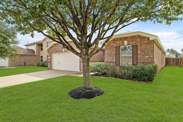 ranch-style home with driveway, fence, a front lawn, and brick siding