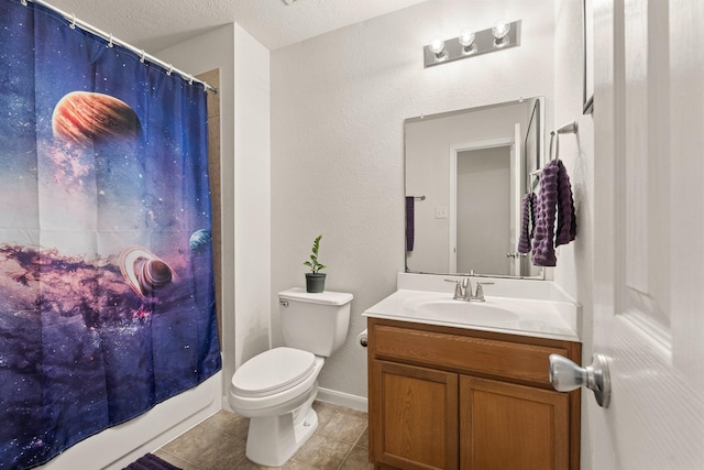 full bathroom featuring toilet, tile patterned floors, curtained shower, a textured ceiling, and vanity