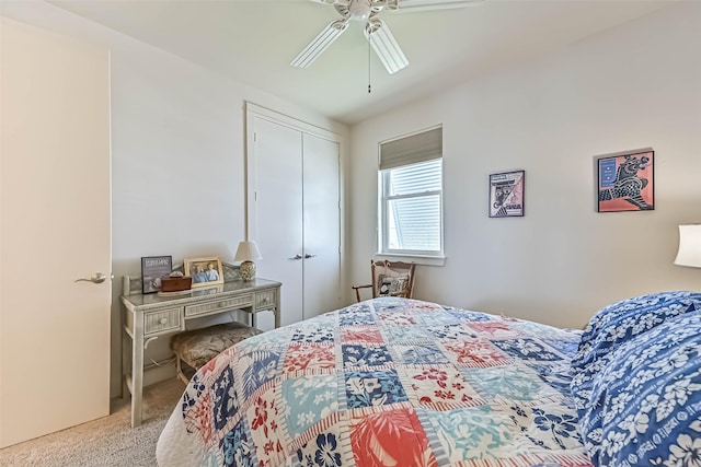 bedroom featuring a closet, carpet flooring, and ceiling fan