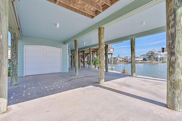 garage with a water view