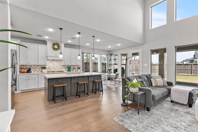 living area with light wood-style floors, visible vents, and recessed lighting