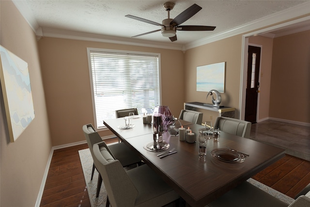 dining area with crown molding, a textured ceiling, baseboards, and hardwood / wood-style flooring