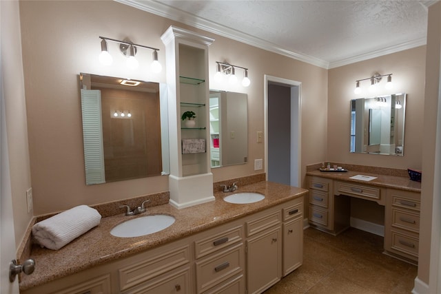 full bathroom with ornamental molding, tile patterned flooring, a sink, and double vanity