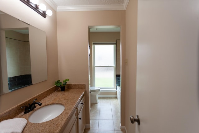 full bath with crown molding, tile patterned floors, toilet, vanity, and walk in shower