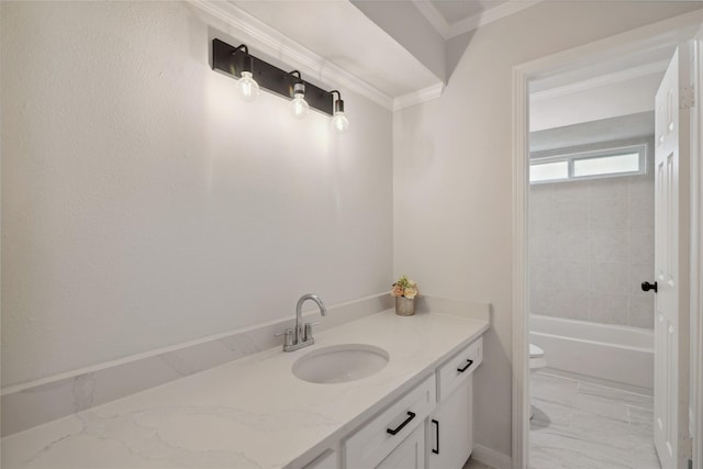 full bath featuring a tub to relax in, toilet, vanity, a shower, and ornamental molding