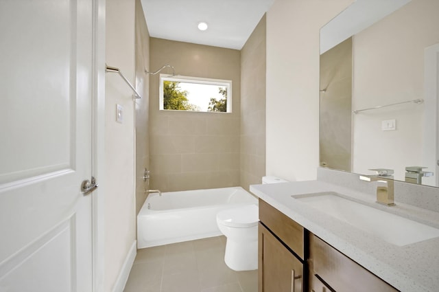 full bath with toilet, tile patterned floors, vanity, and shower / bathtub combination