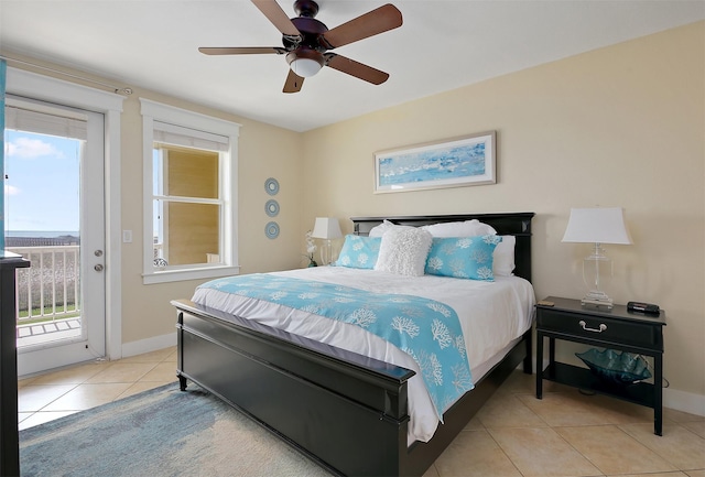 bedroom with light tile patterned floors, baseboards, ceiling fan, and access to outside