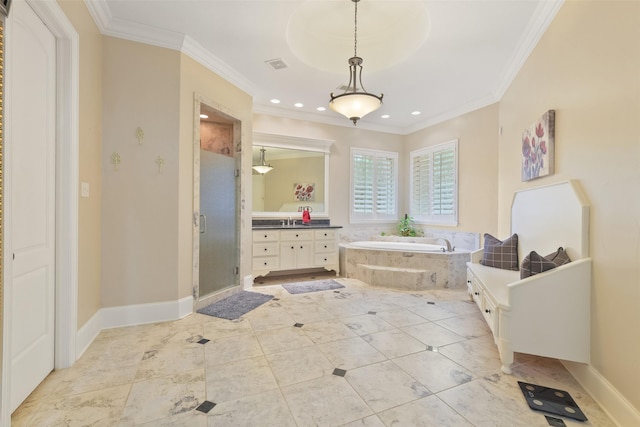 bathroom featuring visible vents, a shower stall, crown molding, a bath, and vanity