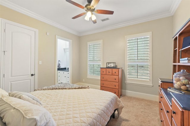 bedroom featuring visible vents, baseboards, ornamental molding, light carpet, and a ceiling fan