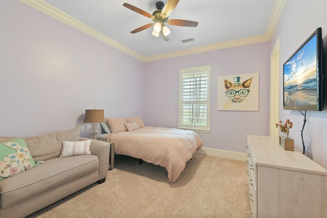 bedroom with a ceiling fan, visible vents, baseboards, ornamental molding, and light carpet