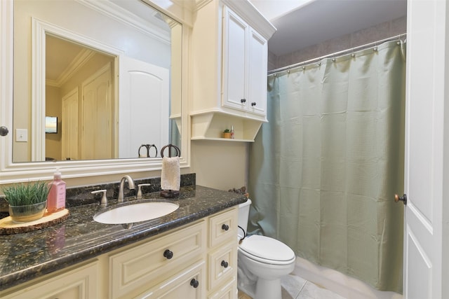 bathroom with vanity, a shower with curtain, crown molding, toilet, and tile patterned floors