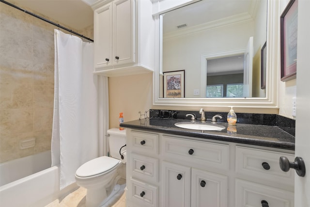 bathroom with vanity, visible vents, ornamental molding, toilet, and shower / tub combo with curtain