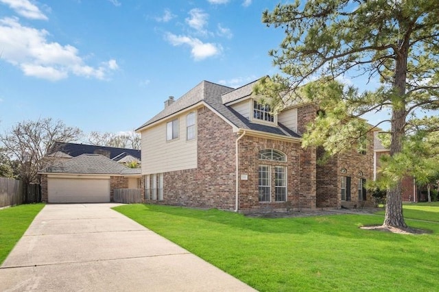 view of front of property with a garage, brick siding, fence, driveway, and a front yard