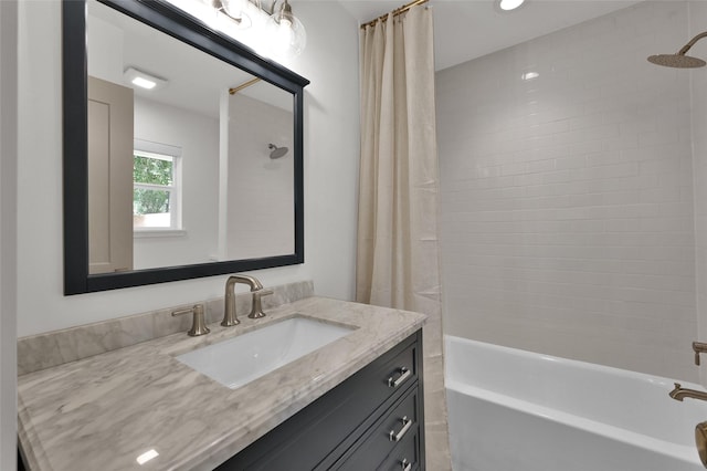 full bath featuring shower / tub combo with curtain and vanity