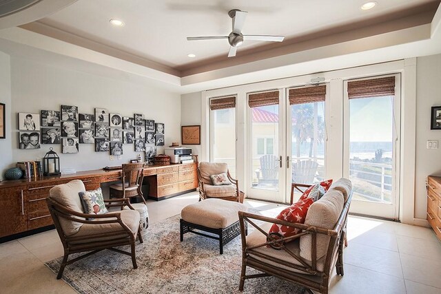4214 Turks Pt, Galveston, TX 77554 - living area featuring recessed lighting, a raised ceiling, plenty of natural light, and french doors
