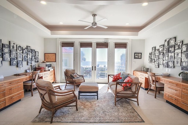 4214 Turks Pt, Galveston, TX 77554 - office space featuring a tray ceiling, built in study area, and light tile patterned floors