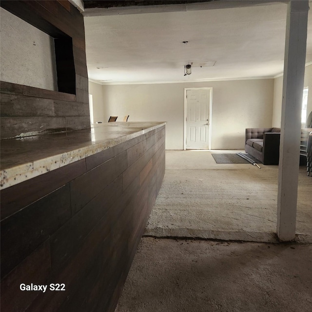 corridor featuring ornamental molding and carpet flooring