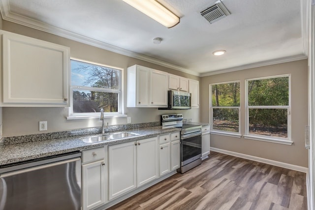 kitchen with a sink, visible vents, appliances with stainless steel finishes, plenty of natural light, and crown molding