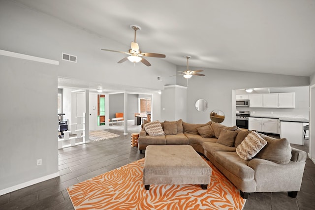 living room with vaulted ceiling, visible vents, and dark wood-style flooring