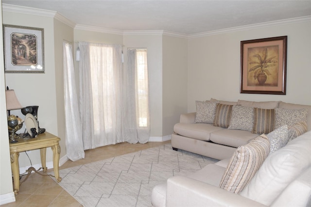 living area with ornamental molding, baseboards, and light tile patterned floors