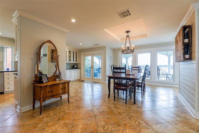 dining room featuring recessed lighting, visible vents, baseboards, and french doors