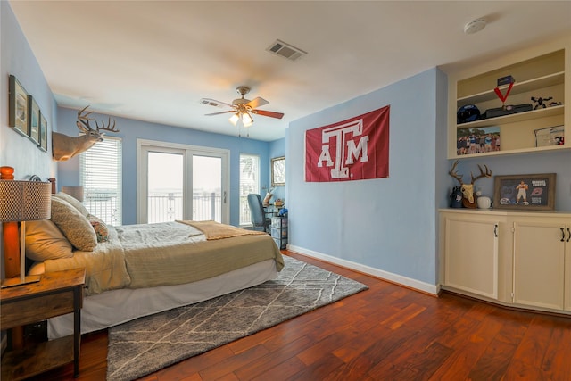 bedroom with visible vents, baseboards, dark wood-style floors, ceiling fan, and access to outside