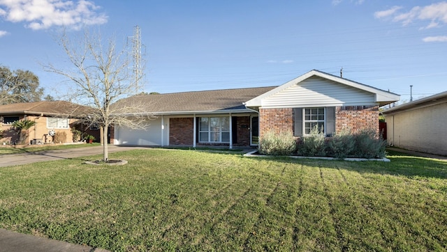 ranch-style home featuring an attached garage, a front yard, concrete driveway, and brick siding