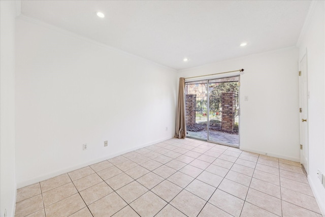 empty room featuring recessed lighting, baseboards, light tile patterned flooring, and crown molding