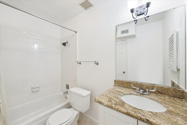 full bath with visible vents, vanity, toilet, and shower / bathtub combination