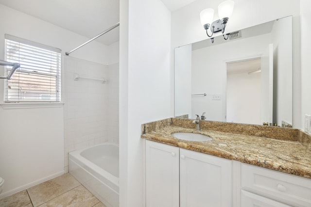 full bathroom featuring visible vents, toilet, shower / washtub combination, tile patterned flooring, and vanity