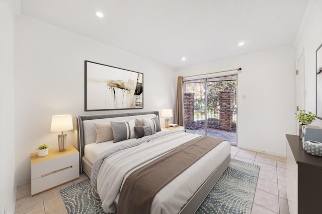 bedroom with recessed lighting, light tile patterned flooring, crown molding, and access to outside