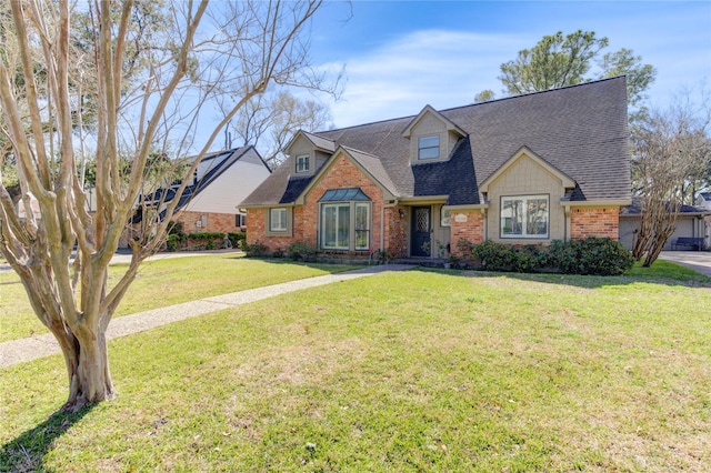 view of front of house with a front yard, brick siding, and roof with shingles