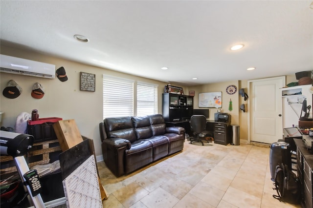 living area with light tile patterned floors, a wall unit AC, and recessed lighting