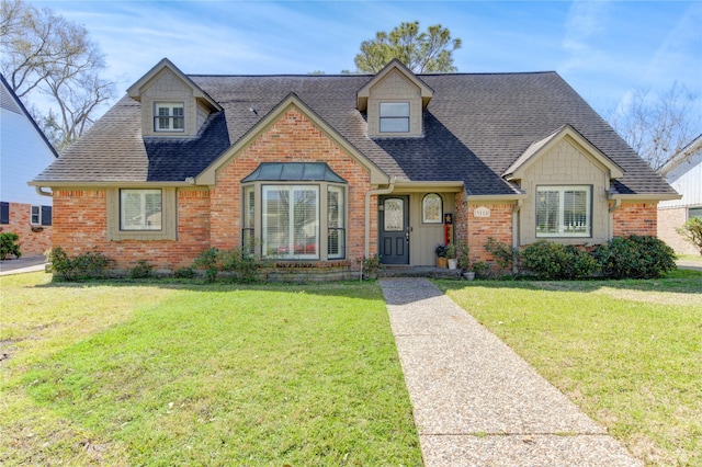 view of front of house with a shingled roof, a front lawn, and brick siding