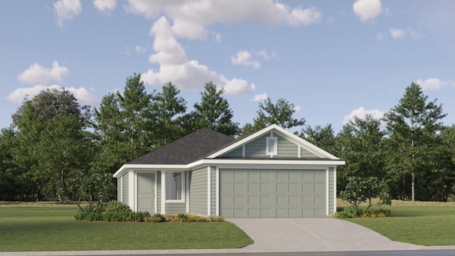 view of front facade with an attached garage, concrete driveway, a shingled roof, and a front yard