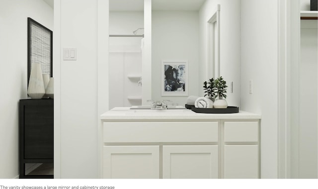 bathroom featuring a shower and vanity