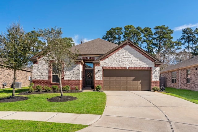 french country inspired facade featuring an attached garage, central AC, brick siding, concrete driveway, and a front lawn