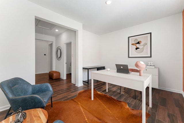 office featuring recessed lighting, wood finished floors, attic access, and baseboards