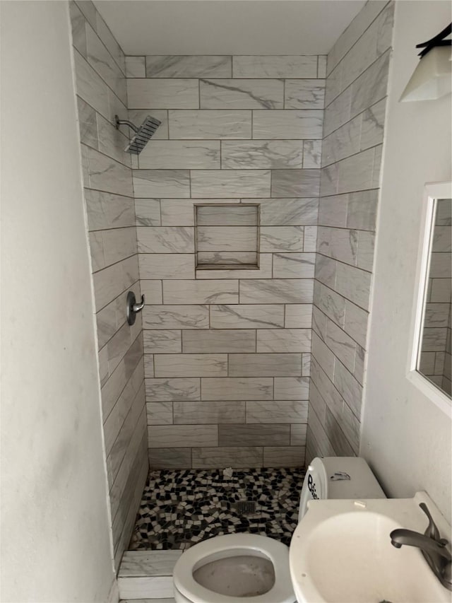 bathroom with a stall shower, a sink, and toilet