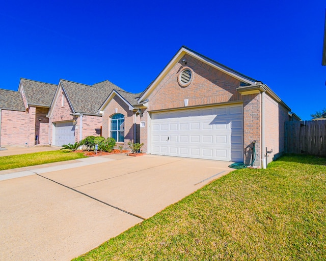 single story home featuring driveway, a garage, brick siding, fence, and a front yard