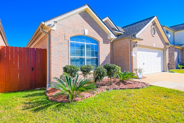 view of front of house with a garage, concrete driveway, fence, a front lawn, and brick siding