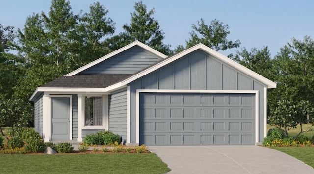 view of front of house featuring concrete driveway, roof with shingles, an attached garage, board and batten siding, and a front yard