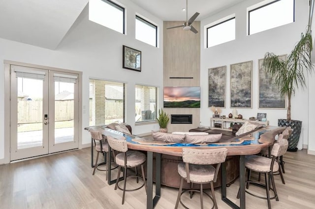 sunroom featuring a glass covered fireplace and french doors