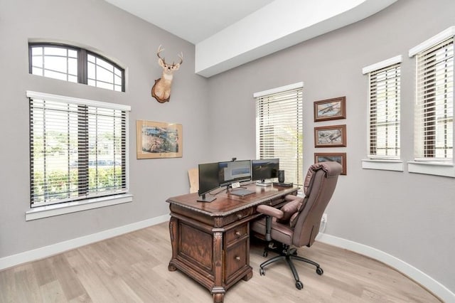 office featuring light wood-type flooring, a healthy amount of sunlight, and baseboards