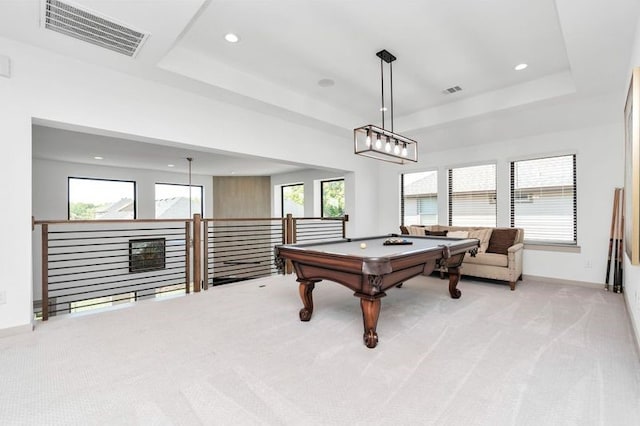 playroom featuring a tray ceiling, recessed lighting, light colored carpet, visible vents, and baseboards