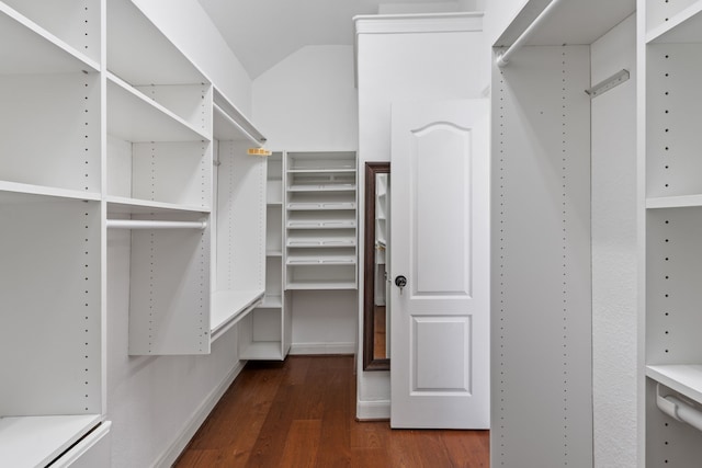 spacious closet with dark wood-type flooring and lofted ceiling